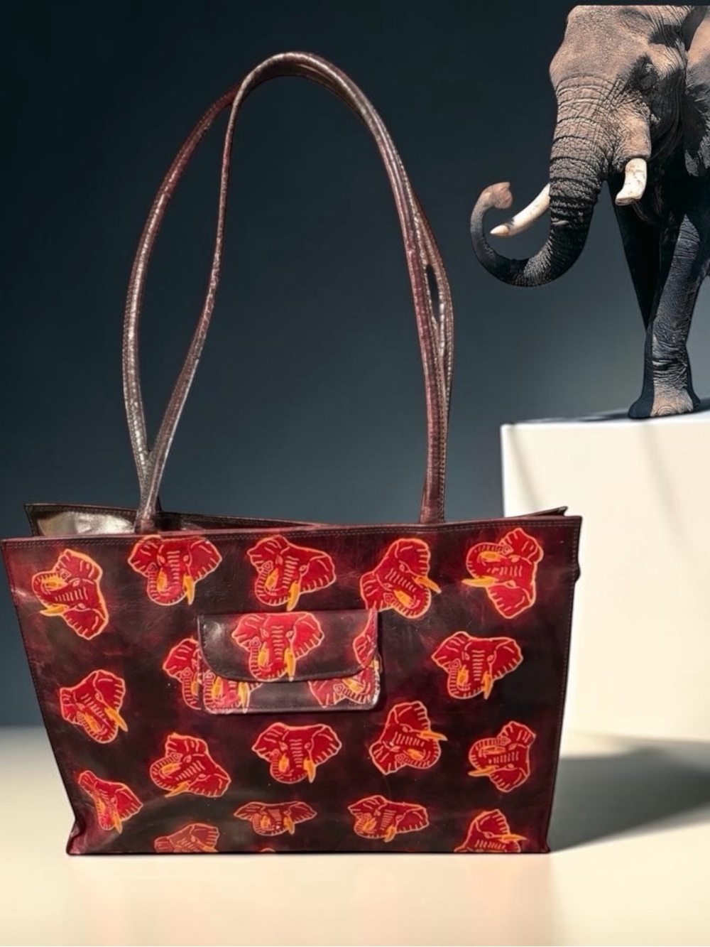 Large Vintage Leather Elephant Safari Print Bag